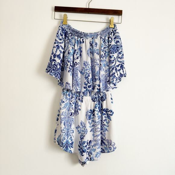 SHOW ME YOUR MUMU Rosarita Off Shoulder Romper Blue White XS - Picture 2 of 8